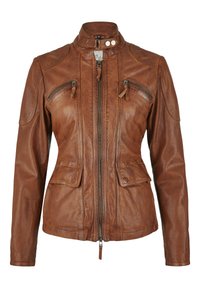 Braune Lederjacke mit hohem Kragen, durchgehendem Reißverschluss, zwei Brusttaschen und zwei unteren Klappentaschen, mit gestickten Details und Reißverschluss-Ziehern.