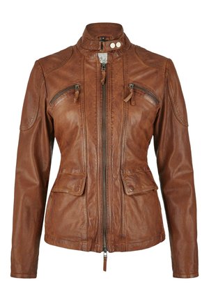 Braune Lederjacke mit hohem Kragen, durchgehendem Reißverschluss, zwei Brusttaschen und zwei unteren Klappentaschen, mit gestickten Details und Reißverschluss-Ziehern.
