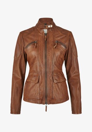 Braune Lederjacke mit hohem Kragen, durchgehendem Reißverschluss, zwei Brusttaschen und zwei unteren Klappentaschen, mit gestickten Details und Reißverschluss-Ziehern.