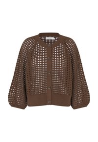 Cardigan en tricot marron avec un design ajouré, col rond et fermeture par boutons. Manches longues avec des bords ribbed. Matériau texturé.