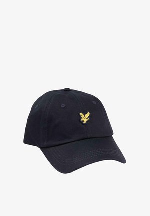 Cappellino da baseball blu navy in cotone con visiera curva, caratterizzato da un emblema giallo di un'aquila sulla parte anteriore e sei fori di ventilazione.