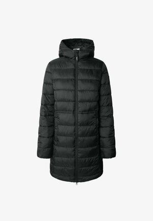 Manteau matelassé noir avec capuche, doté d'une fermeture éclair à l'avant et de panneaux cousus pour l'isolation. Texture lisse et design longueur genoux.