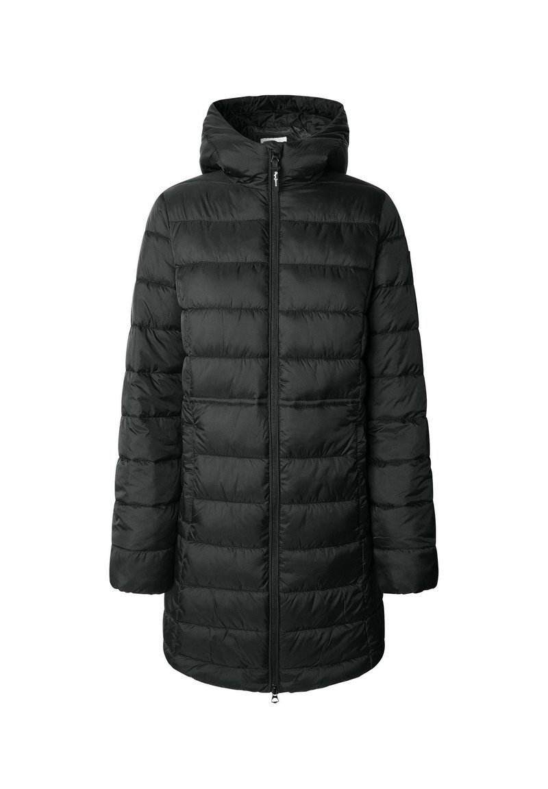 Piumino nero imbottito con cappuccio, dotato di chiusura frontale con zip e pannelli cuciti per isolamento. Texture liscia e design lungo fino al ginocchio.