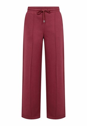 Tmavě červené kalhoty s širokými nohavicemi, elastickým pasem a šňůrkou, s vertikálními švovými detaily na přední straně.