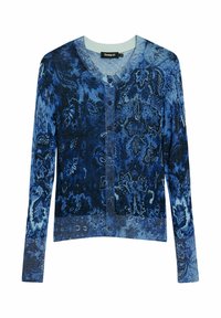 Cardigan à motifs bleus avec décolleté en V, manches longues et fermeture à boutons. Fabriqué en tissu texturé avec des motifs floraux complexes.