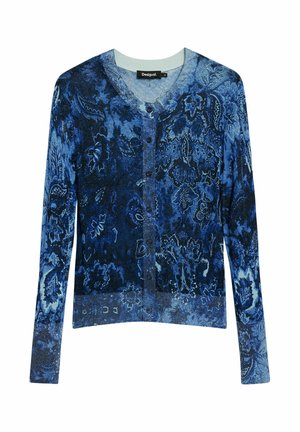 Cardigan à motifs bleus avec décolleté en V, manches longues et fermeture à boutons. Fabriqué en tissu texturé avec des motifs floraux complexes.
