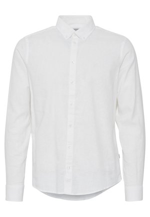 Weißes Langarmhemd aus Leinen mit klassischem Button-Down-Kragen, vorderen Knöpfen und abgerundetem Saum. Keine Muster oder Akzente.