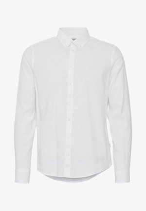 Weißes Langarmhemd aus Leinen mit klassischem Button-Down-Kragen, vorderen Knöpfen und abgerundetem Saum. Keine Muster oder Akzente.