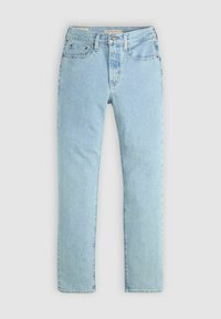 Jeans de pierna recta azul claro fabricados en denim, con cinco bolsillos, una cremallera frontal y un cierre de botón, con sutiles detalles de costura.
