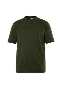 Camiseta de manga corta color verde oliva hecha de algodón. Presenta un escote redondo y sutiles detalles de costura. Textura suave y corte relajado.