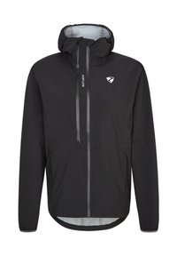 Chaqueta ligera negra con capucha, cierre frontal de media cremallera, puños elásticos y un discreto detalle de logo. Textura suave, diseñada para la transpirabilidad.