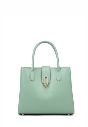 Borsa strutturata color verde menta con due manici superiori, chiusura a gancio e finitura in pelle testurizzata. L'accento in metallo dorato completa il design.