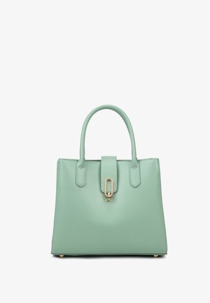 Borsa strutturata color verde menta con due manici superiori, chiusura a gancio e finitura in pelle testurizzata. L'accento in metallo dorato completa il design.