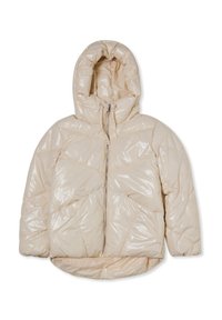 Beżowa kurtka puchowa o połyskującej powierzchni, z kapturem, przednim zamkiem błyskawicznym oraz wzorem w romby. Miękka i ocieplona konstrukcja.