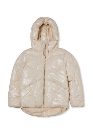 Giacca a vento beige con finitura lucida, dotata di cappuccio, zip frontale e motivo trapuntato a forma di diamante. Design morbido e isolato.