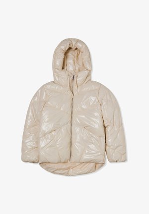 Beżowa kurtka puchowa o połyskującej powierzchni, z kapturem, przednim zamkiem błyskawicznym oraz wzorem w romby. Miękka i ocieplona konstrukcja.