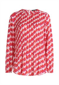 Blusa a maniche lunghe in tessuto leggero con design plissettato, modelli geometrici in tonalità di rosso, rosa e bianco, con scollatura rotonda.