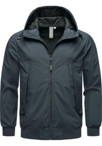 Marine windbreaker jack met een capuchon, voorzien van een ritssluiting aan de voorkant, elastische manchetten en zijzakken. Soepele textuur, minimalistisch ontwerp.