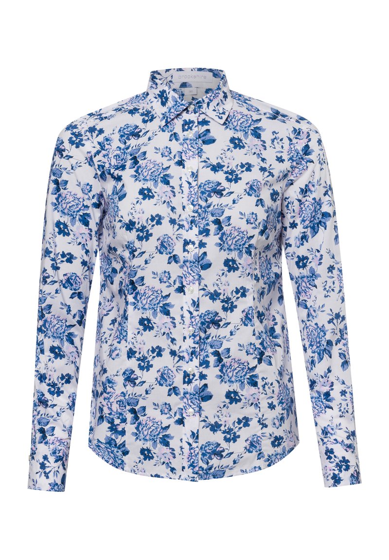 Koszula z kwiatowym wzorem z niebieskimi i białymi motywami na lekkim materiale, z długimi rękawami i klasycznym kołnierzykiem.