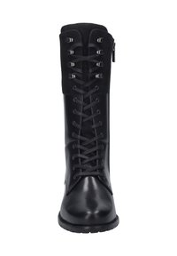 Bottines en cuir noir à lacets avec une finition lisse, dotées d'une tige haute, d'œillets métalliques et d'une fermeture éclair sur le côté.