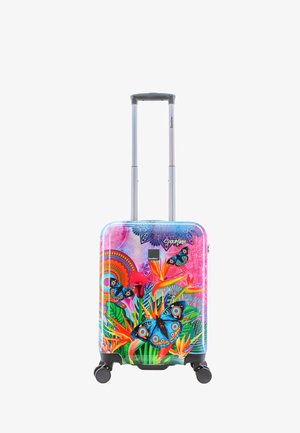 Hard-shell suitcase in vibrant colors with butterfly and tropical plant designs, featuring a telescopic handle and spinning wheels.