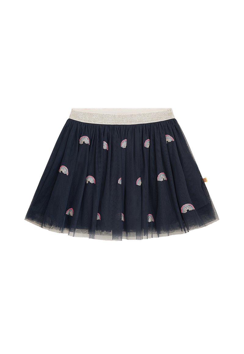 Navy-Tüllrock mit einem silbernen elastischen Bund, der mit rosa und weißen Regenbogenstickereien verziert ist. Schichtedesign mit leichtem Glanz.