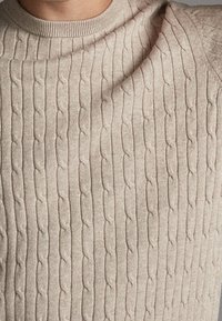 Beige neulepusero, joka on valmistettu pehmeästä neuloksesta ja jossa on resorikuvioita sekä kohotetut palmikkokuviot ja pyöreä kaula-aukko.