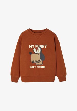 Brown sweatshirt with a round neckline and long sleeves. Features a cartoon dog design and text "MY FUNNY BEST FRIEND" in cream and black.