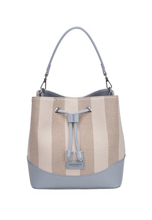 Sac à main rayé beige et bleu clair avec fermeture à cordon et une anse supérieure unique, détails en cuir, et étiquette « DIANA&CO FIRENZE ».