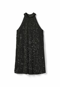 Čierne bezrukávové šaty s vysokým výstrihom, vyrobené z textúrovanej tkaniny, zdobené rozptýlenými striebornými flitrami.