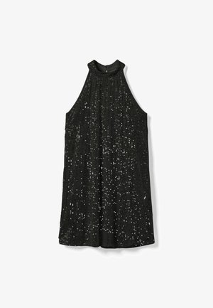 Melnas bezpiedurkņu kleitas ar augstu kakla izgriezumu, kurai ir tekstilmateriāls, kas rotāts ar izkaisītiem sudraba mirdzumiem.