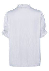 Ljusblå blus med korta puffärmar, en volangkrage och en mjuk, satinliknande textur. Enkelt design, inga mönster eller accenter.