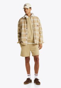 Camisa de franela de cuadros beige con cuello de borreguito, sudadera beige, pantalones cortos a juego, calcetines blancos con rayas rojas y azules, zapatos marrones, gorra beige.