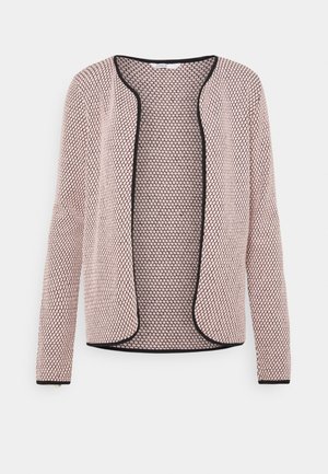 Lichtroze openvallend vest met ronde, getextureerde patronen en zwarte rand langs de randen en manchetten, lange mouwen, losse pasvorm.