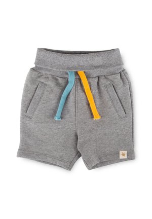 Grey toddler shorts with ribbed waistband, teal and yellow drawstrings, front pockets, and a small beige patch on the left leg.