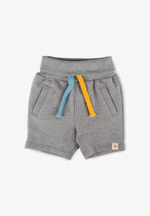 Graue Kleinkind-Shorts mit geripptem Bund, türkisgelben Kordelzügen, Fronttaschen und einem kleinen beigen Patch am linken Bein.