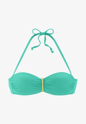 Türkiser Bikini-Oberteil mit einem Bandeau-Design, präsentiert mit geflochtenem gelben Akzent in der Mitte und verstellbaren Halterhalsbands. Glatte Textur.