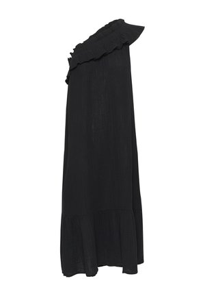 Black one-shoulder dress made of lightweight fabric, featuring a ruffled neckline and a flared bottom hem. Simple, flowing design.