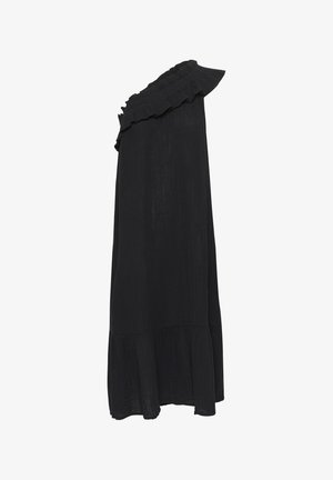 Black one-shoulder dress made of lightweight fabric, featuring a ruffled neckline and a flared bottom hem. Simple, flowing design.