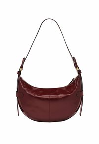 Bordeauxfarbene Ledertaschen mit abgerundeter Form, glatter glänzender Oberfläche, akzentuiert durch schwarze Riemen und goldfarbene Hardwaredetails.