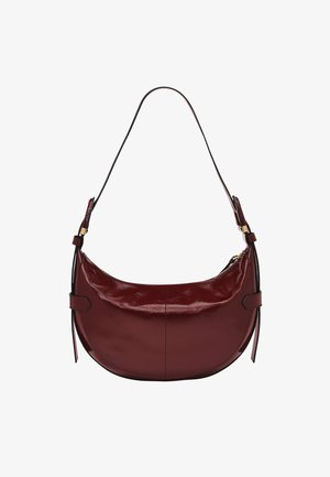 Burgundy leather shoulder bag with a rounded shape, smooth glossy finish, accented with black straps and gold-toned hardware details.
