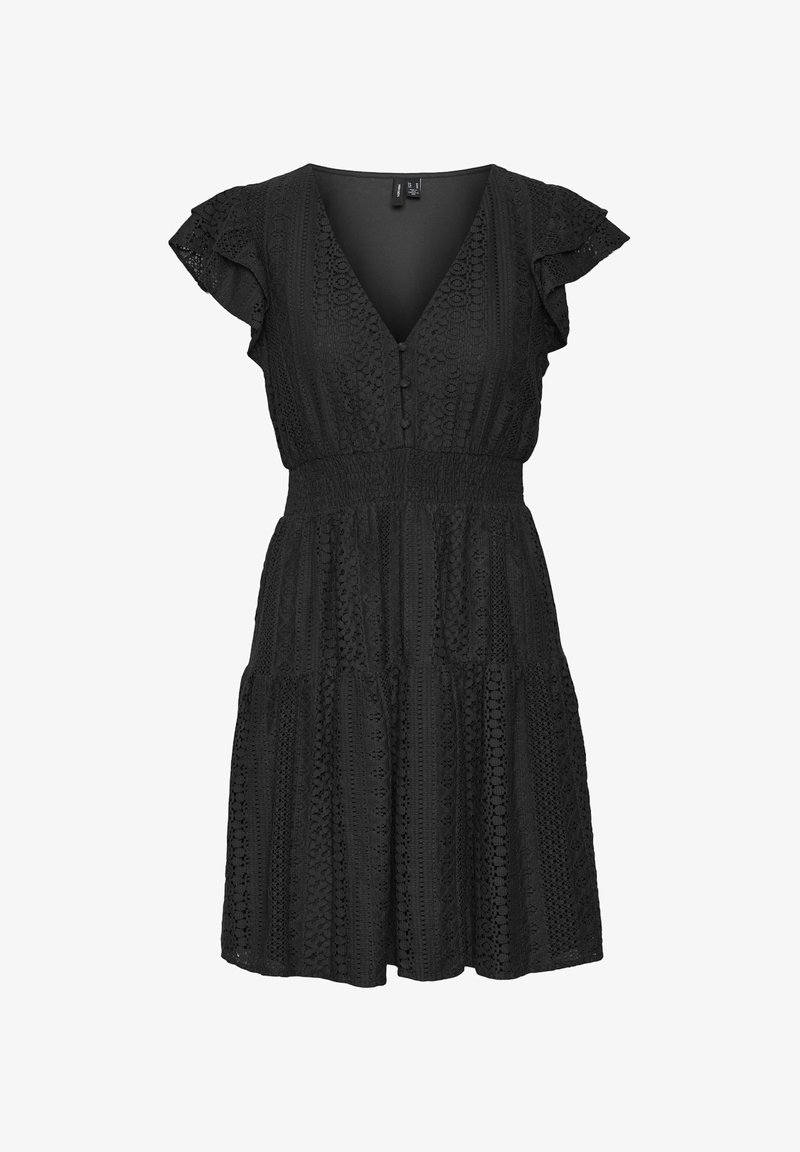 Schwarzes Kleid mit V-Ausschnitt, kurzen Rüschensäumen, Knopfleiste vorne und geraffter Taille. Verziert mit filigranen Spitzenmustern und einem gestuften Rock.