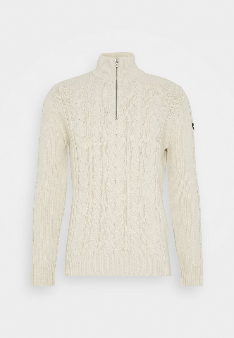 Sweter w kolorze kremowym, dziany, z wysokim kołnierzem i pół zamkiem. Posiada wzór splotu warkoczowego oraz ściągacze przy mankietach i dolnej części.