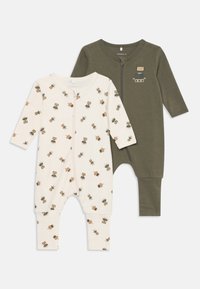 Due onesie per neonato: uno crema con un motivo di robot e piante, l'altro verde oliva con una piccola stampa di robot, entrambi in morbido tessuto di cotone.