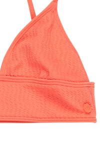 Koronkowy stanik bikini w kolorze koralowym o trójkątnym wzorze, o fakturowanej tkaninie i cienkich ramiączkach. Posiada okrąły akcent z logo na pasku.