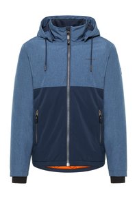 Giacca blu con cappuccio, dotata di una chiusura frontale con zip, sezione inferiore di un blu scuro contrastante e foderata in arancione. Presenta due tasche laterali con zip.