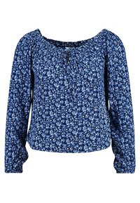 Navy blue blouse with a floral pattern in light blue. Features a wide neckline and long puffed sleeves. Soft fabric with a relaxed fit.