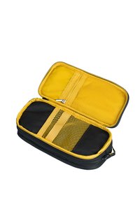 Black and yellow zippered case with a mesh pocket. Interior features a bright yellow lining and a large compartment, ideal for storage.