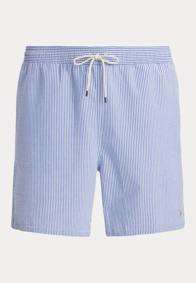 Menns svømmebukser i blå og hvite vertikale striper, med elastisk midjebånd med snor og små logoakkenter.
