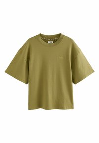 Alyvuogių žalias medvilninis marškinėliai su plačiomis trumpomis rankovėmis, apvaliu kaklu ir subtiliu 'self:' siuvinėjimu ant krūtinės. Minkšta, lygiai tekstūra.